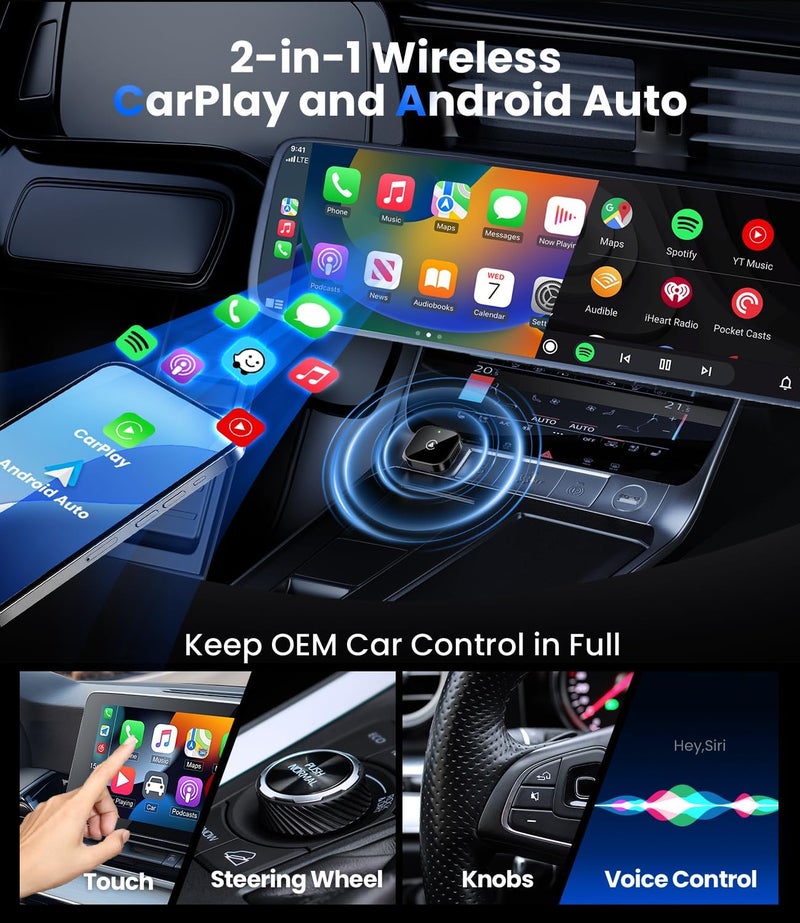 Teeran 2 in 1 Wireless CarPlay and Android Auto Adapter, Easy Setup Plug and Play, Fast Seamless Use Supports 1000+ Car's with Built-in Wired Car Play/Android Auto, Compact Sleek Design Car Adapter - Image 3